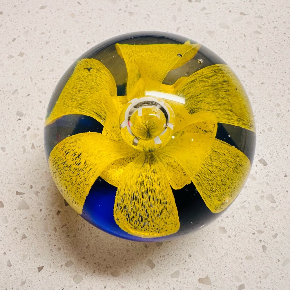 Vintage Art Glass Paperweight with Yellow Flower - Picture 4 of 5